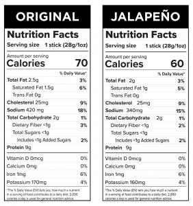 Side-by-side Nutrition Facts panels for AOF Original and Jalapeño Ostrich & Premium Beef Snack Sticks. Both contain 9 grams of protein per 1-ounce stick; Original has 70 calories and Jalapeño has 60 calories.