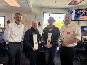 Joe Meisch, right, and Randy Tirsell, left, of Meisch Temple Massager, Inc. visit Sonoma County Fire 911 dispatch to donate Temple Massagers to emergency dispatchers. Meisch is working to expand the initiative with a goal of reaching 911 dispatch centers 