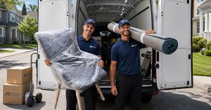 American Freight delivery team unloading furniture from a delivery truck, with free local pickup and delivery up to 75 miles available from participating stores.