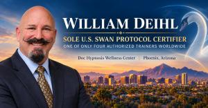 William Deihl of Doc Hypnosis Wellness Center in Phoenix, Arizona, pictured with Swan imagery representing his role as the sole U.S. Swan Protocol certifier.