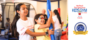 Two smiling girls play on a blue aerial silk at a sensory gym; logos for We Rock the Spectrum Kids Gym and Certified Autism Center appear at right.