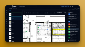 Screenshot of SignFlow showing an architectural floor plan with color-coded sign markers, page thumbnails on the left, and a sign list on the right with types like ADA parking and EV parking signs.