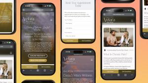 Phone mockups of the Velara Wellness mobile website, showing a hero that reads "Ketamine Therapy for Anxiety, Depression, PTSD & Chronic Pain in San Diego," an appointment booking form and a page on chronic pain.