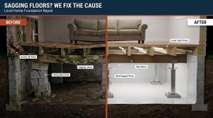 Before and after crawl space structural repair in Tulsa showing a new beam and steel support piers by Level Home Foundation Repair
