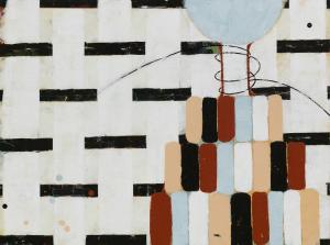 Abstract painting by Alli Gerrish featuring stacked organic forms in rust, pale blue, cream, and black against a black-and-white grid.