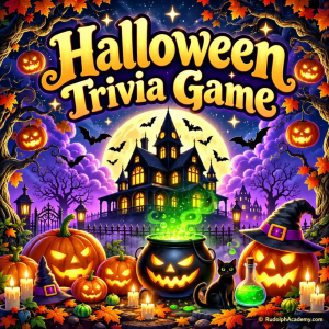 Halloween Trivia Game by Rudolph Academy featuring a haunted house, glowing jack-o'-lanterns, bubbling witch's cauldron, black cat, bats, and colorful Halloween decorations.