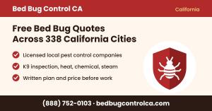 Bed Bug Control CA graphic: free bed bug quotes across 338 California cities, phone (888) 752-0103