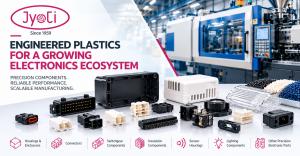 Jyoti World engineered plastic components for electronics manufacturing, including electronic housings, enclosures, connectors, insulation components and precision-molded parts, shown with an injection molding machine.