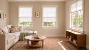 Bright, modern living room featuring cream-colored walls, a beige sectional sofa, a wooden coffee table, and windows with white cellular shades.