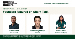 Panel graphic showing Juan Salinas, Vlad Smolyanskyy and moderator Nicole Denise for NYC Small Business Expo.