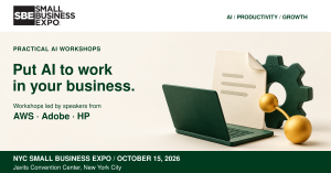Illustration of a laptop, document and gear beside an announcement of AI workshops from AWS, Adobe and HP.
