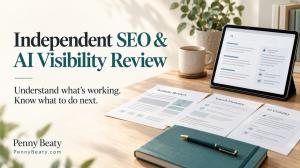 Independent SEO and AI Visibility Review by Penny Beaty, illustrated with a tablet and website review documents.