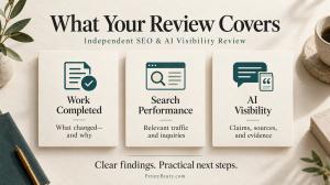 What Your Review Covers graphic showing work completed, search performance and AI visibility.