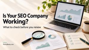 Is Your SEO Company Working? What to check before you renew, shown beside a laptop, reports and checklist.