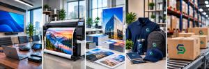 Five-panel image illustrating CorePrint Solutions’ expanded services, featuring workplace technology and A/V systems, wide-format print equipment, commercial printing, branded merchandise, and kitting and fulfillment operations.