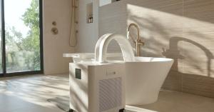HomePlunge H3 cold plunge chiller on wheels beside a white freestanding bathtub, with a woman in a white robe sitting on the tub edge