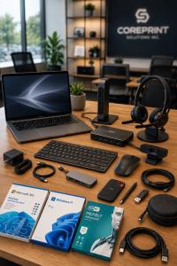 Modern office workspace featuring a laptop, keyboard, headset, webcam, docking stations, computer accessories, and business software, with the CorePrint Solutions logo displayed in the background.