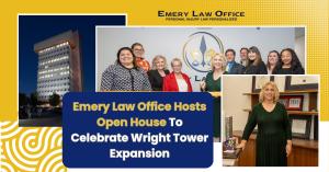 Melissa Emery, Esq. and her Louisville legal team pose with press release title, ‘Emery Law Office Hosts Open House To Celebrate Wright Tower Expansion’.