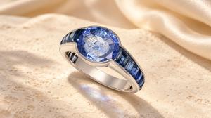 Men’s platinum ring with a carved blue sapphire intaglio and rectangular sapphires set along both shoulders.