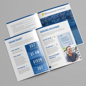 A mockup of the Office of Community Empowerment and Opportunity’s 2022 impact report showing blue-toned spreads with bold condensed headings for Housing Security and Workforce Development, large statistics such as 557 and $1.4M, a pull quote, and a smilin