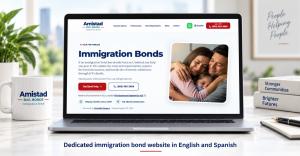 Laptop displaying the Amistad Bail Bonds Immigration Bonds website with English and Spanish options.