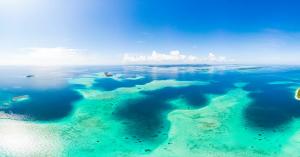 Aerial view of a Caribbean reef with clear turquoise shallows and sandbars