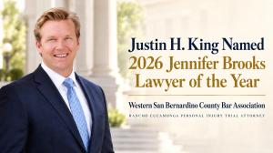 Justin H. King receives the 2026 Jennifer Brooks Lawyer of the Year Award from the Western San Bernardino County Bar Association, October 8, 2026, Ontario, California.