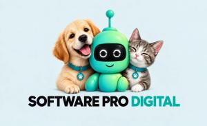 Software Pro Digital branding featuring a puppy, kitten, and AI robot, representing digital marketing and technology solutions for the pet industry.