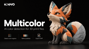 Multicolored fox-like 3D character beside Neural4D Multicolor text describing color region detection, palette refinement and 3MF export.