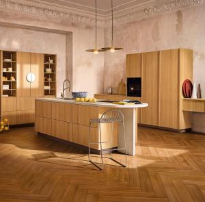 Oak Bianco handleless kitchen with an island in a classic room, Nolte neoFLAT Oak Bianco, German kitchen cabinets, Aksesuar Design Alexandria VA