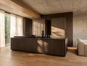 Bronze metal and Noce Marone walnut kitchen island, Nolte neoPURE Bronze and Walnut, German kitchen cabinets, Aksesuar Design Alexandria VA
