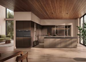 Blackened oak grooved kitchen with an island and tall cabinets, Nolte neoLODGE Blackened Oak, German kitchen cabinets, Aksesuar Design Alexandria VA