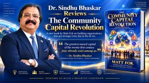 Dr. Sindhu Bhaskar beside Matt Fok’s book The Community Capital Revolution, with a quote about the unused capital within communities.