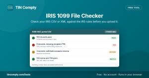 IRIS 1099 File Checker result panel showing records that pass, records with a missing recipient TIN marked Fix, and withholding flagged for review