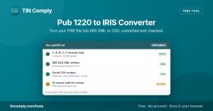 Pub 1220 to IRIS Converter result panel showing FIRE records read, IRIS A2A XML and portal CSV written, and names split for review