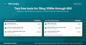 Two result panels side by side: IRIS 1099 File Checker showing records that pass, fix and review, and Pub 1220 to IRIS Converter showing FIRE records read, IRIS XML and CSV written, and names split for review