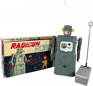 Boxed Masudaya (Japan) battery-operated Radicon Robot, complete with colorful original box, remote control and accessories. The 14½-inch-tall toy is in near-mint condition. Estimate: $8,000-$14,000