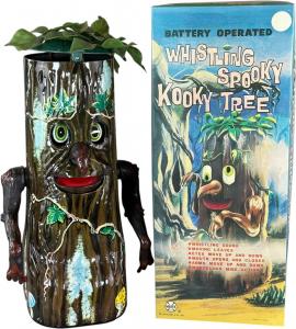 Battery-operated Marx Whistling Spooky Kooky Tree, made in Japan, including a replica box for display purposes. This is the scarcer version, lithographed with vines and mushrooms. Estimate: $1,000-$1,600