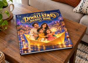 Square hardcover of The Diwali Star’s Journey Home on a wooden coffee table, with a family of four in a glowing golden boat on the cover.