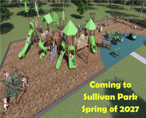 Rendering of Sullivan Park's new accessible playground featuring slides, climbing structures, swings and inclusive play areas.