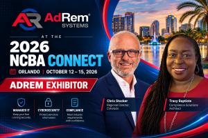 AdRem Systems Corporation representatives Chris Stocker and Tracy Baptiste featured in a promotional graphic for 2026 NCBA Connect in Orlando, October 12–15, 2026.