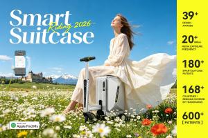 A young traveler riding the Airwheel SE3SL smart riding luggage through a theme park, gliding past colorful rides with a joyful smile, turning luggage into fun, hands-free mobility.