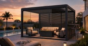 Mirador Outdoor pergola enclosed with sliding glass doors and shutter walls, featuring a cozy seating area and fire pit beside a swimming pool at sunset.