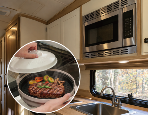 RANGEMATE Signature Microwave Grill Pan with steak and vegetables in a compact RV kitchen