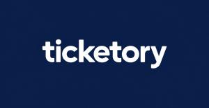 Ticketory official white logo on a navy blue background.