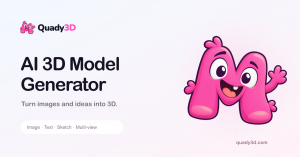Quady3D AI 3D Model Generator brand graphic with the pink M mascot and text, image, sketch and multi-view workflows.