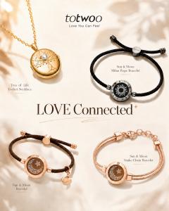 TOTWOO LOVE Connected jewelry featuring a gold Tree of Life locket necklace and Sun & Moon connected bracelets in black, brown and rose gold.