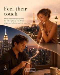 A woman in Paris and a man in New York wearing connected TOTWOO Touch Bracelets, linked by a glowing line across the distance.