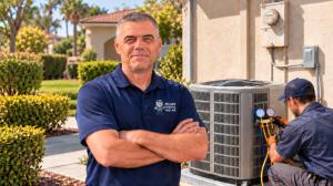 Reliable Heating and Air team member in a navy logo polo stands beside a home AC condenser while a technician connects manifold gauges to check refrigerant pressure.