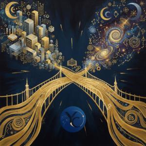 Golden bridge linking a futuristic city with a spiral galaxy, an open book at its center, symbolizing YC Insight's fusion of strategy and healing.